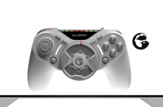 This game controller has a force feedback steering wheel lodged in the middle